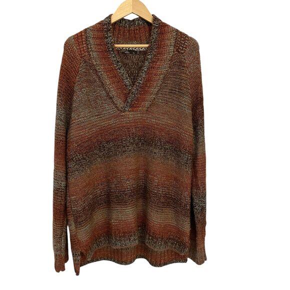 prAna Women’s Earth Tone Striped V-Neck Wool Blend Tunic Sweater – Size XL - Picture 1 of 6